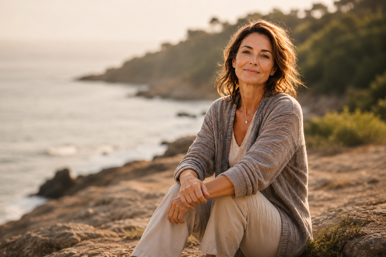 Woman sitting outdoors in natural light